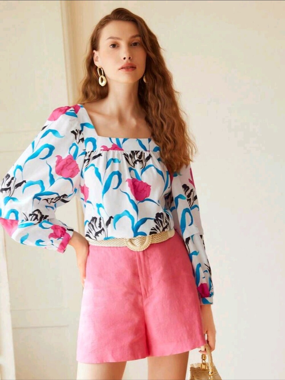Square-Neck Floral Peasant Blouse in White and Pink Size S